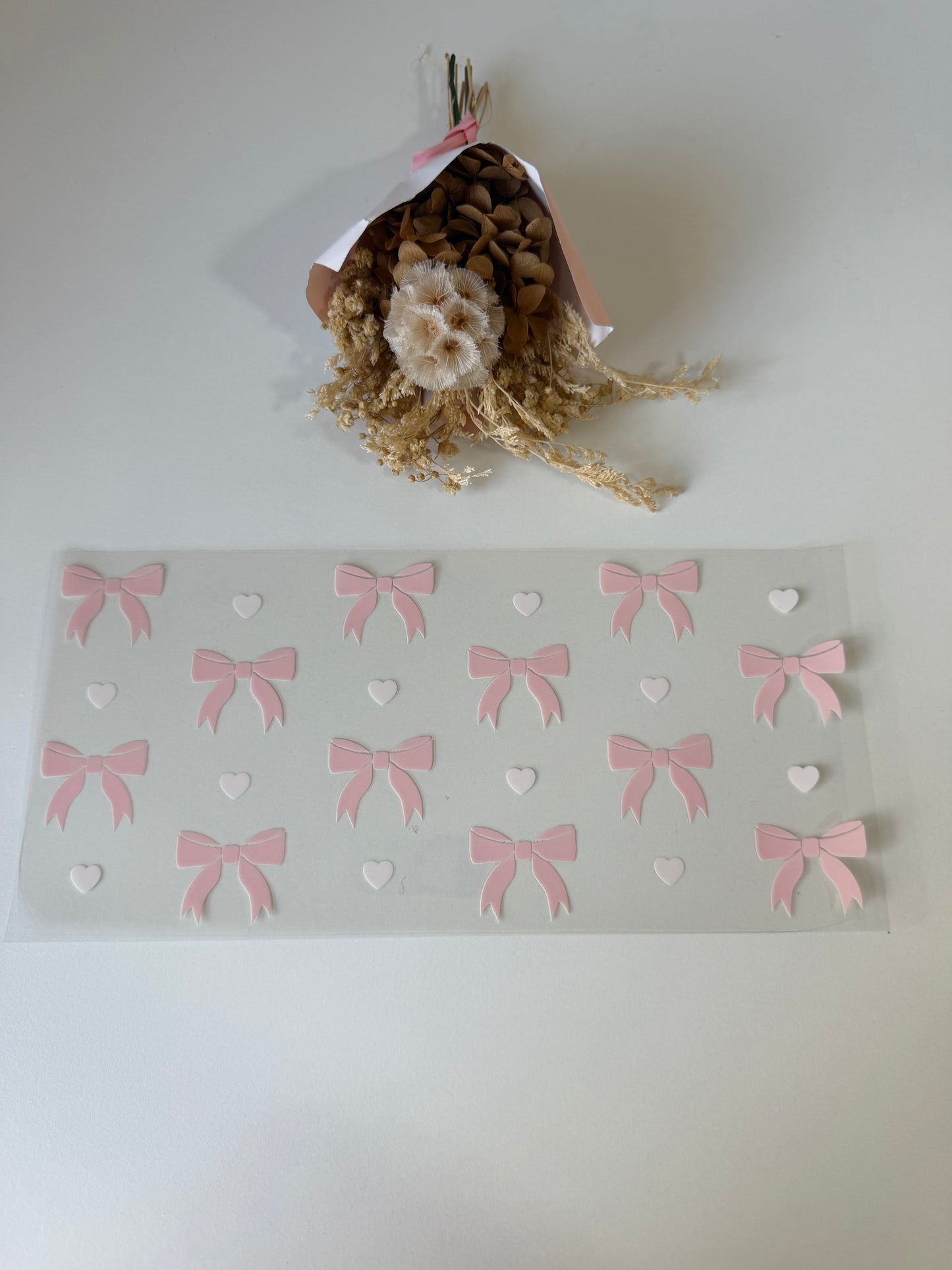 Pink bows and white hearts uv dtf wrap