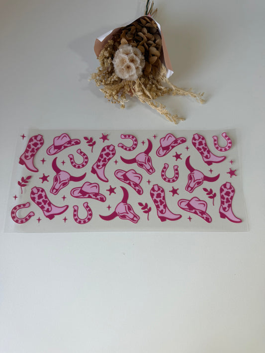 Pink cowgirl boots and hats uv dtf wrap