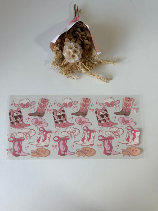 Cowgirl boots hats and bows uv dtf wrap
